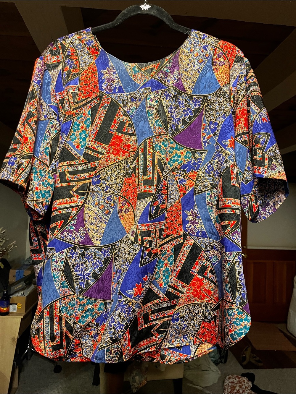 Vintage Silky Multicolor Geometric Floral Short Sleeve Tee — Women